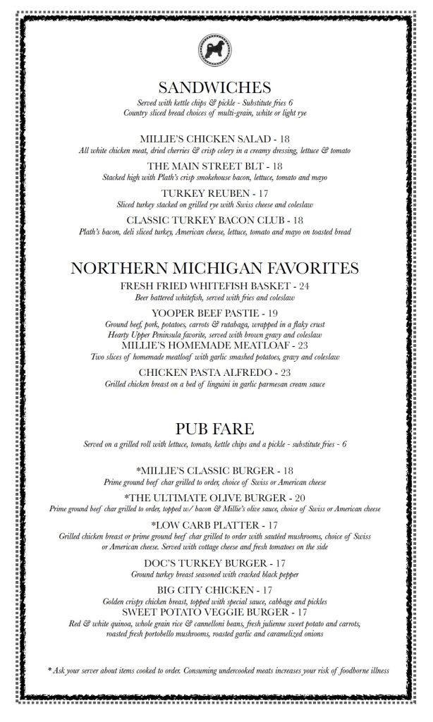 Menu for Millie's on Main Mackinac's Favorite Homestyle Pub